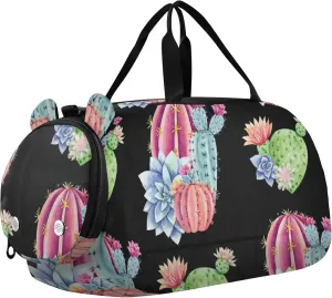 Boys Carry on Duffel Toddler Weekender Bags Watercolor Green Cacti Succulents Black Duffle Bags for Traveling Tote Shoe Compartment