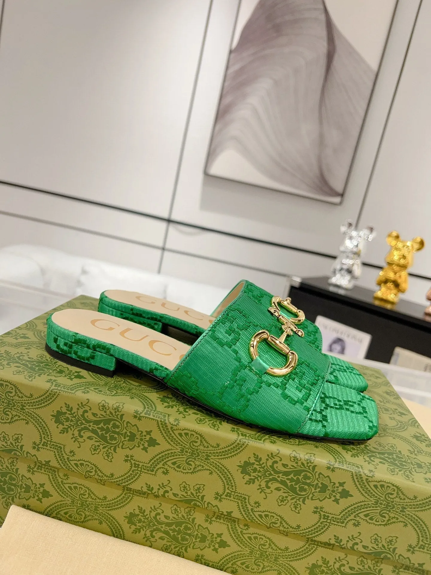 GG CHUNKY SLIDE SANDAL DARK GREEN CALFSKIN