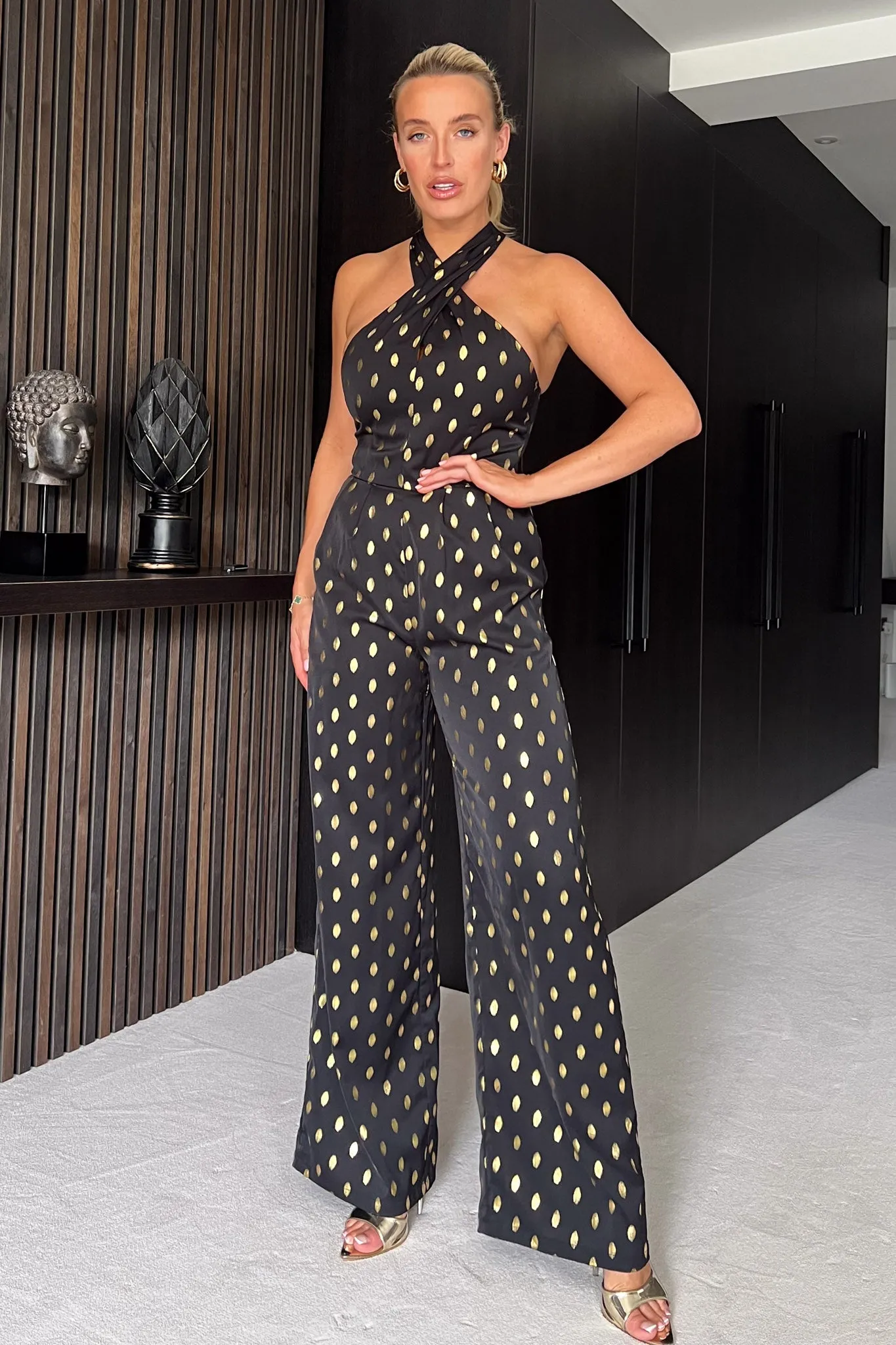 Jasmine Halterneck Wide Leg Gold Foil Jumpsuit