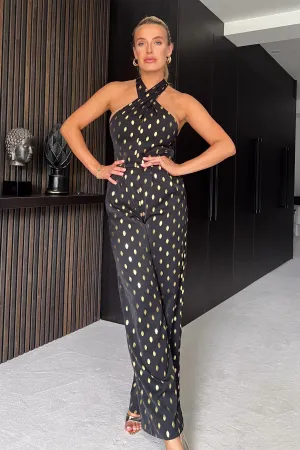 Jasmine Halterneck Wide Leg Gold Foil Jumpsuit