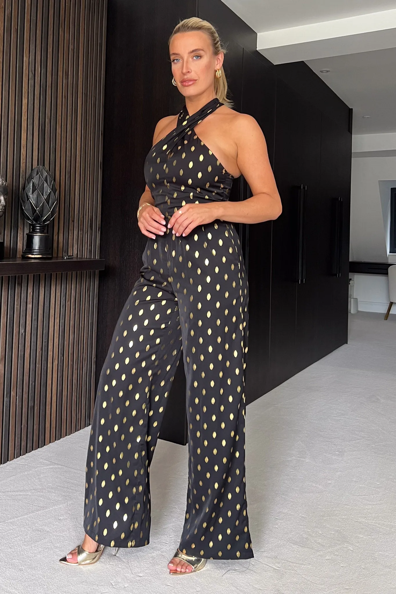 Jasmine Halterneck Wide Leg Gold Foil Jumpsuit