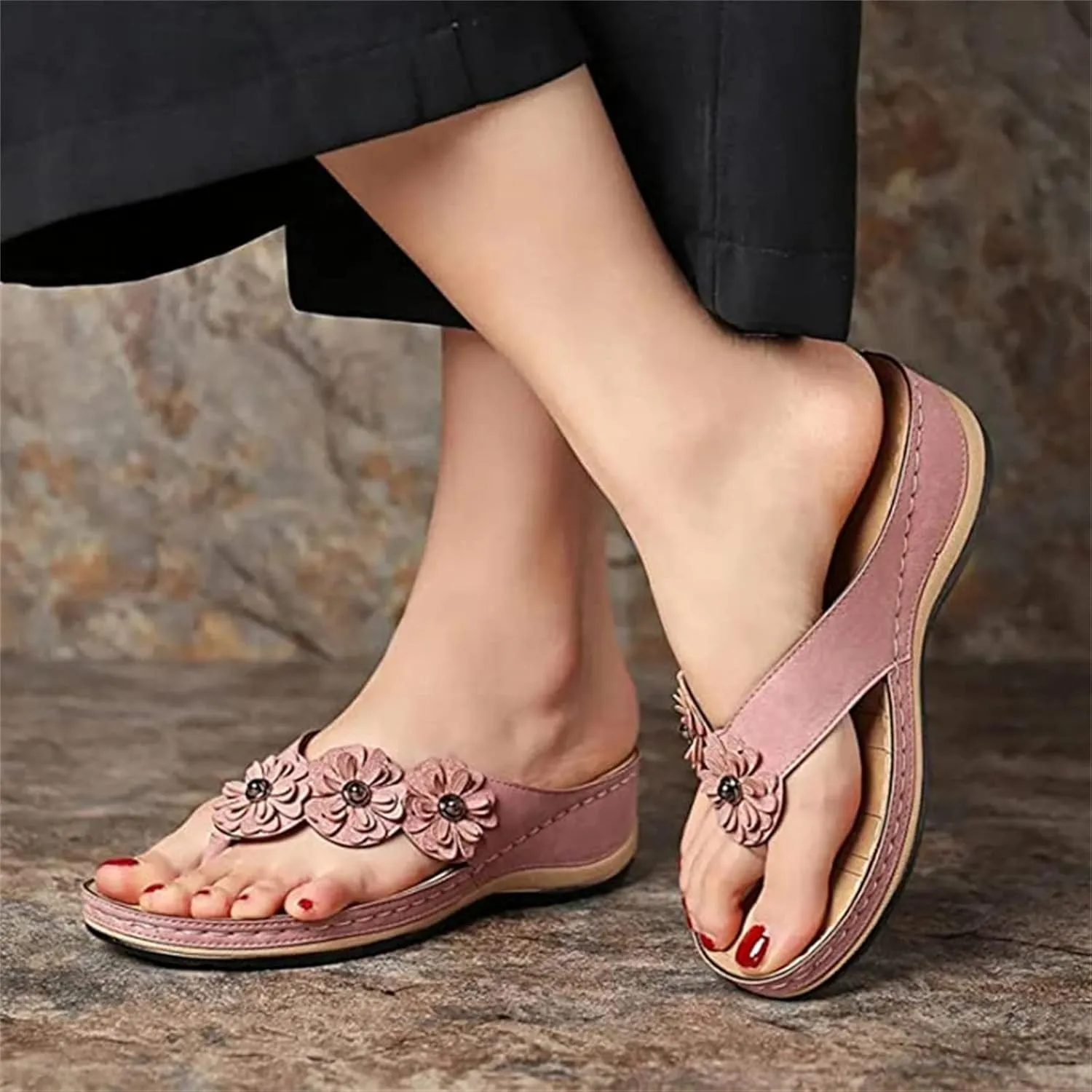 Ladmiple Sandals Women Comfortable Dressy Slip On Flat Sandals Summer Orthopedic Orthotic Flip Flops with Arch Support