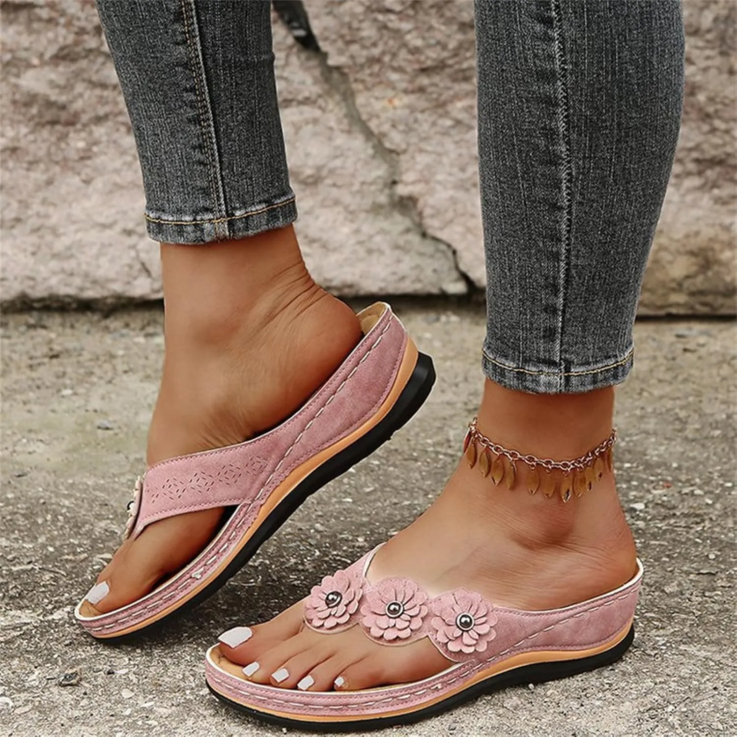 Ladmiple Sandals Women Comfortable Dressy Slip On Flat Sandals Summer Orthopedic Orthotic Flip Flops with Arch Support