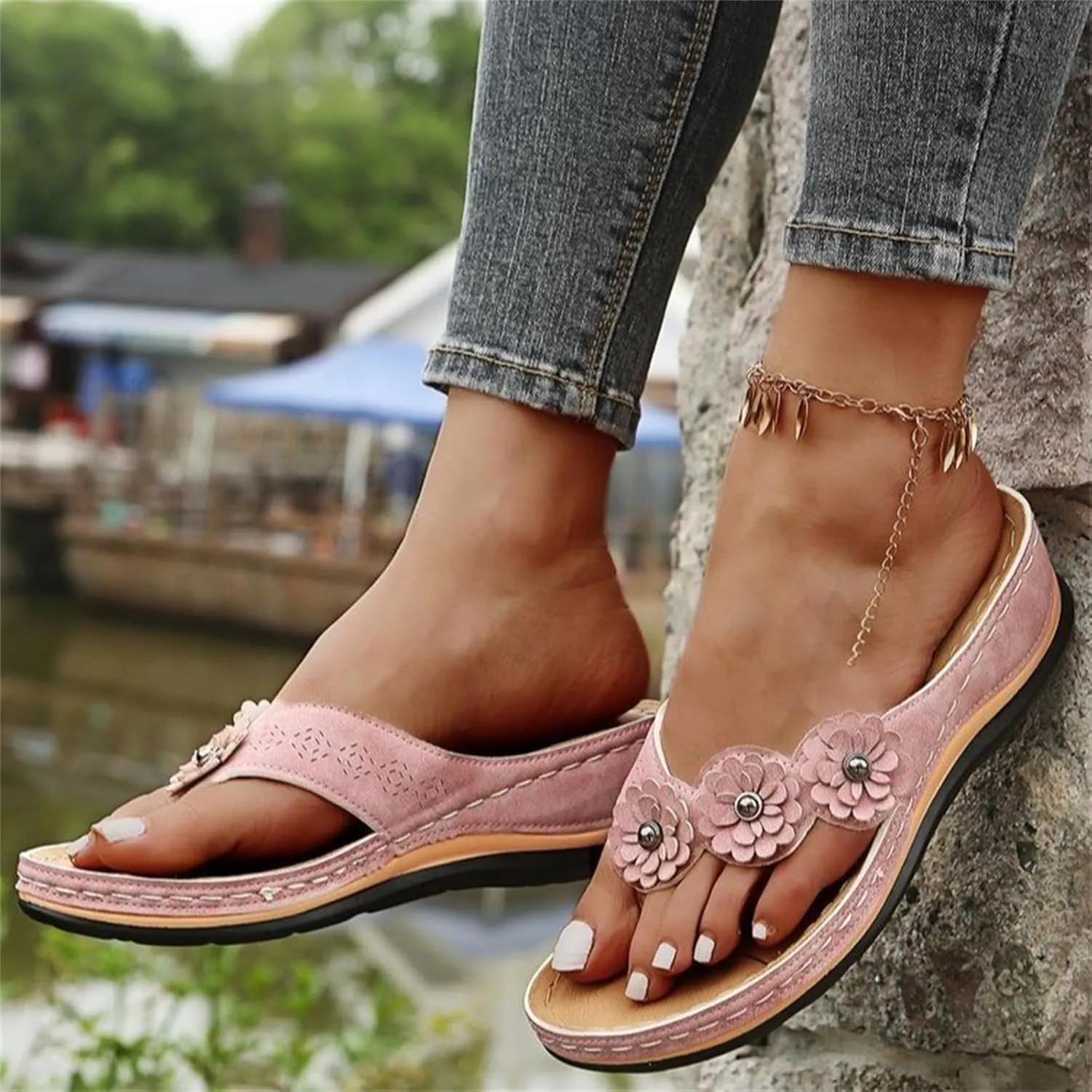 Ladmiple Sandals Women Comfortable Dressy Slip On Flat Sandals Summer Orthopedic Orthotic Flip Flops with Arch Support
