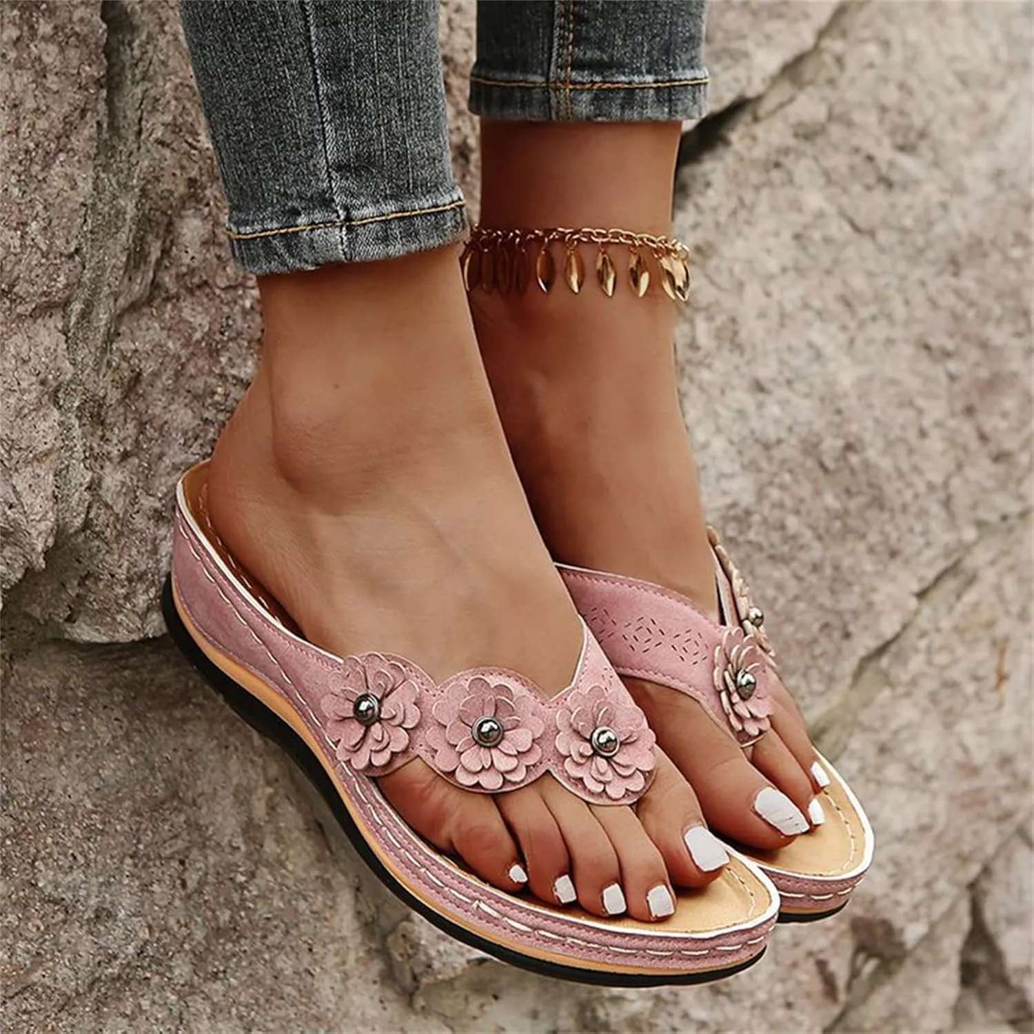 Ladmiple Sandals Women Comfortable Dressy Slip On Flat Sandals Summer Orthopedic Orthotic Flip Flops with Arch Support