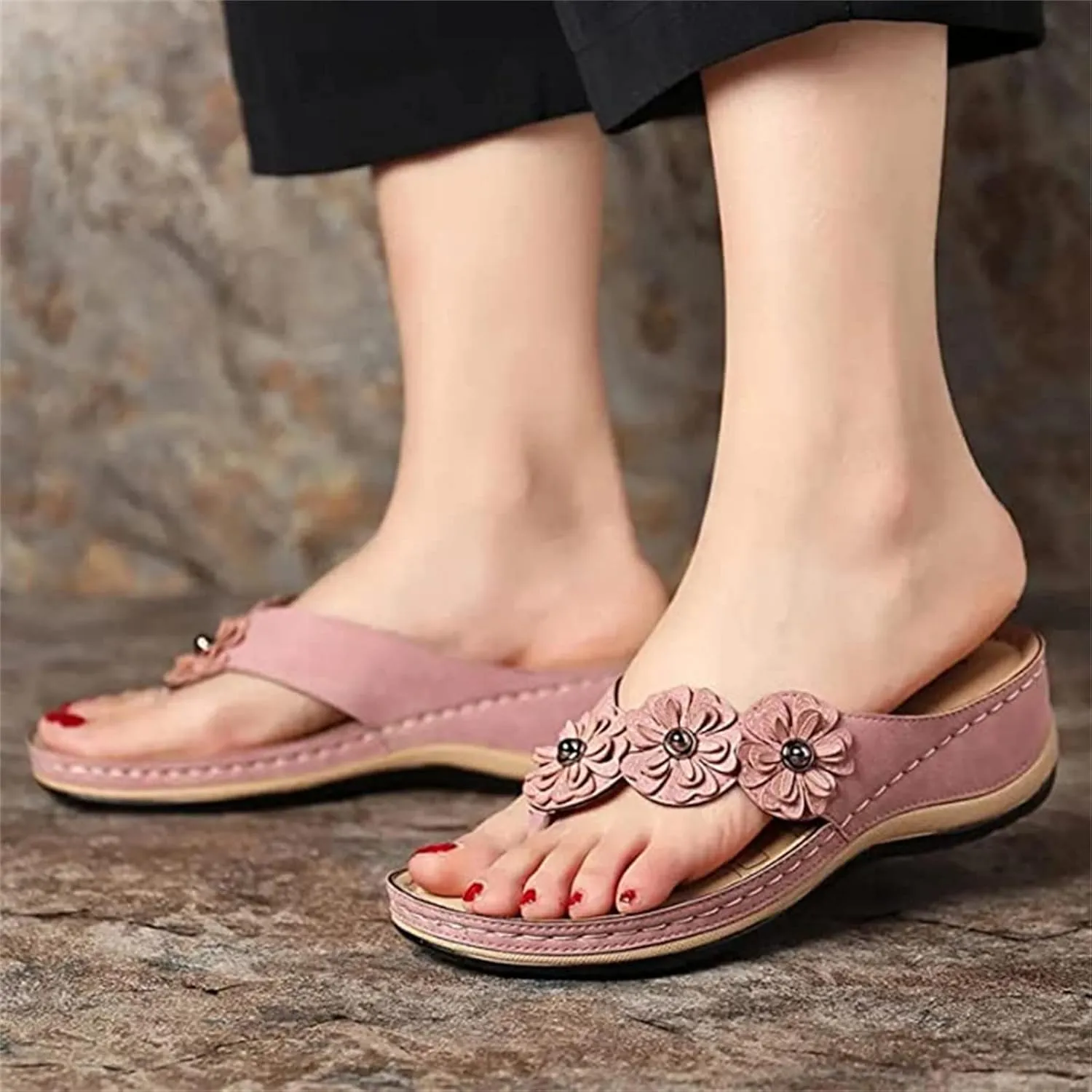 Ladmiple Sandals Women Comfortable Dressy Slip On Flat Sandals Summer Orthopedic Orthotic Flip Flops with Arch Support