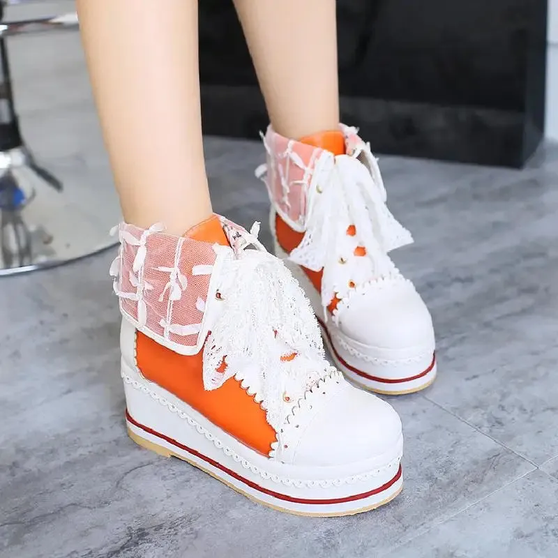 Sohiwoo Sweet lolita shoes vintage round head thic bottom women shoes cute bowknot cross bandage kawaii shoes loli cosplay kawaii girl
