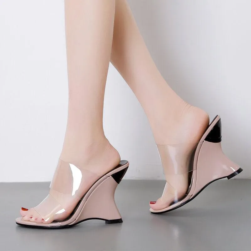 Wedge PVC PU Open Toe Chunky Heel Cutout Sandals