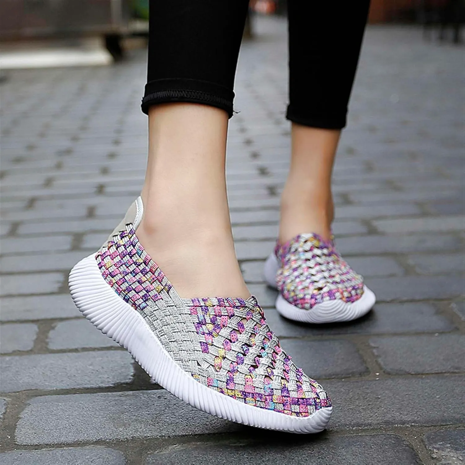 Women's Elastic Woven Walking Shoes Flats Slip on Sneakers Lightweight Walking Running Shoes