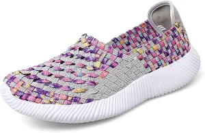 Women's Elastic Woven Walking Shoes Flats Slip on Sneakers Lightweight Walking Running Shoes