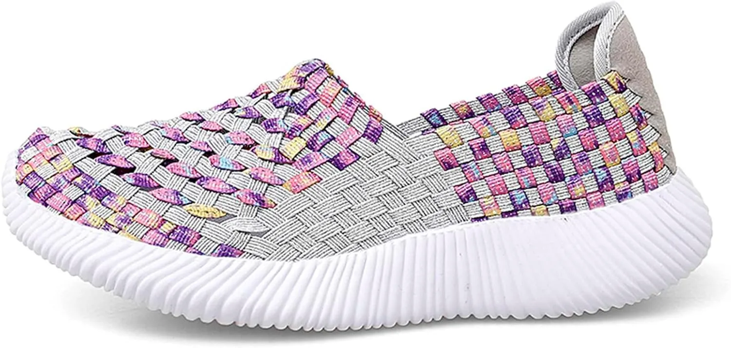 Women's Elastic Woven Walking Shoes Flats Slip on Sneakers Lightweight Walking Running Shoes