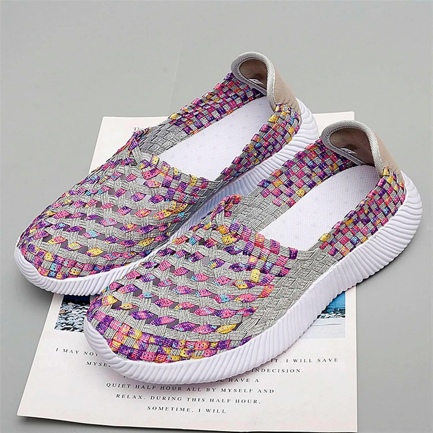 Women's Elastic Woven Walking Shoes Flats Slip on Sneakers Lightweight Walking Running Shoes