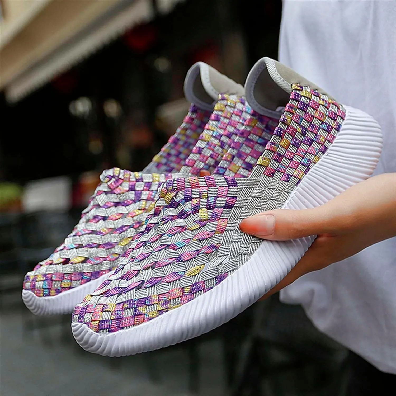 Women's Elastic Woven Walking Shoes Flats Slip on Sneakers Lightweight Walking Running Shoes