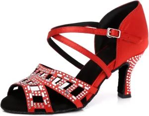 Women's Glitter Rhinestones Peep Toe Satin Ballroom Tango Party Wedding Professional Dance Shoes Red US 9.5