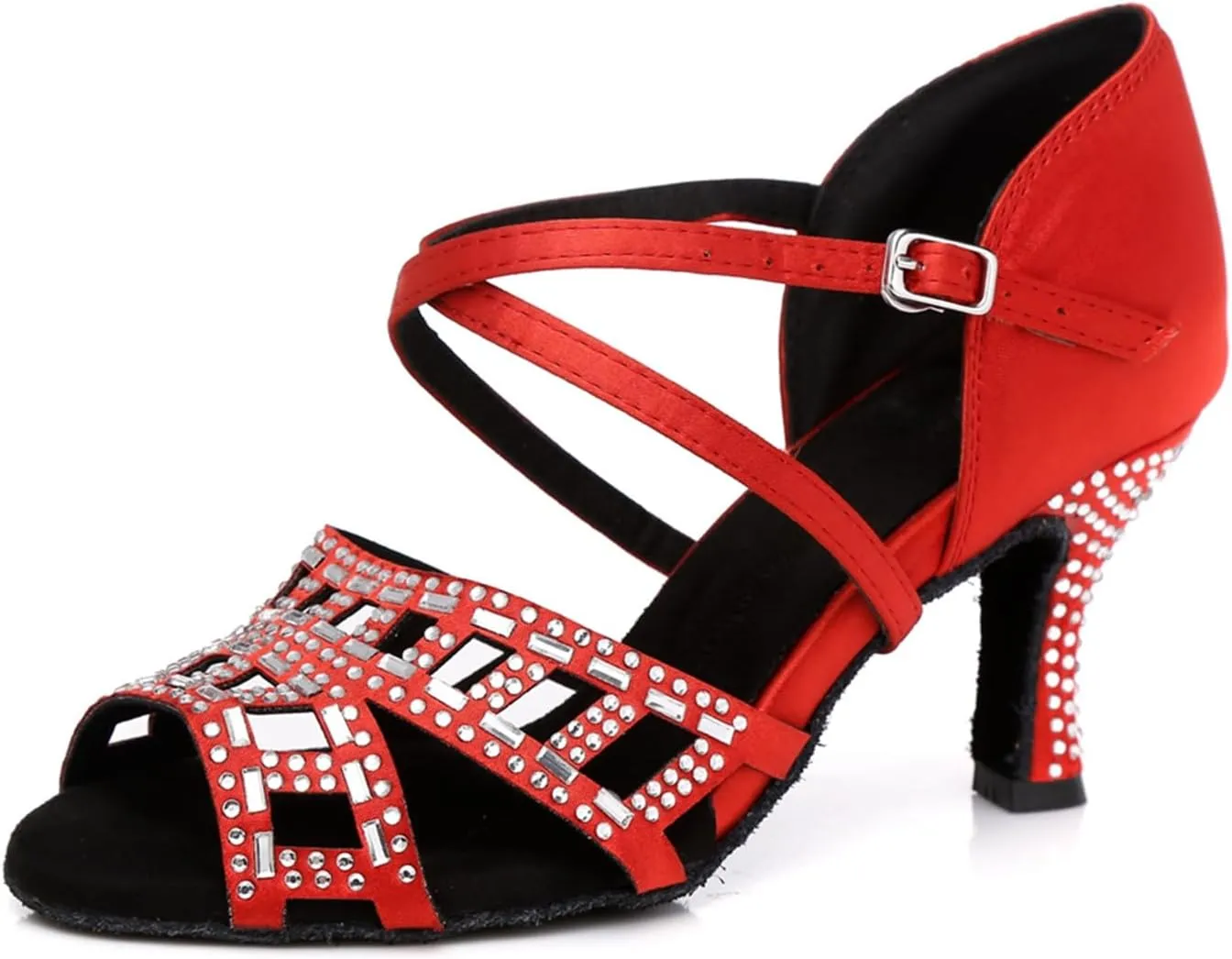 Women's Glitter Rhinestones Peep Toe Satin Ballroom Tango Party Wedding Professional Dance Shoes Red US 9.5