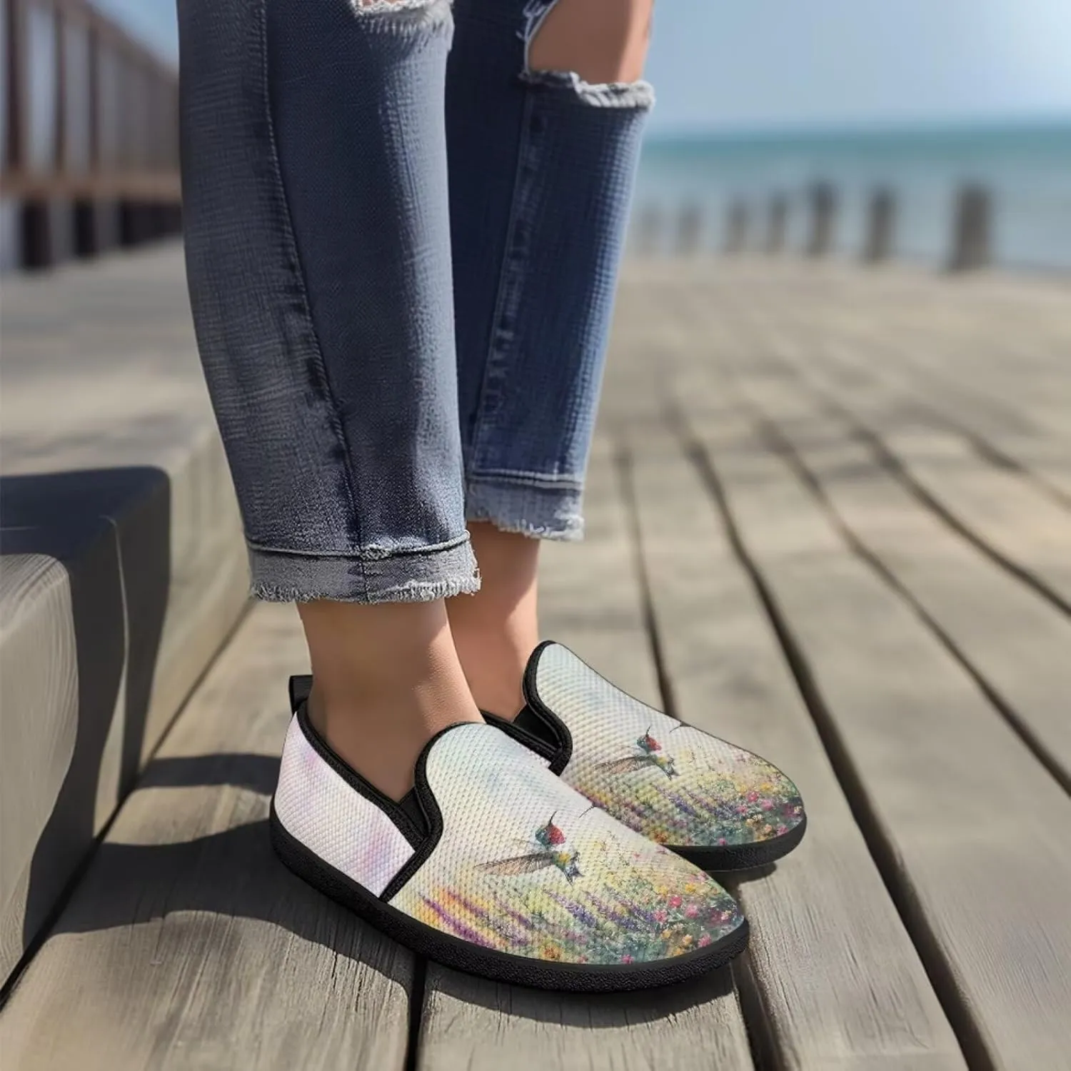 Women's Mesh Flats Shoes Casual Breathable Slip On Sneakers Non-Slip Low Top Outdoor Walking Loafers